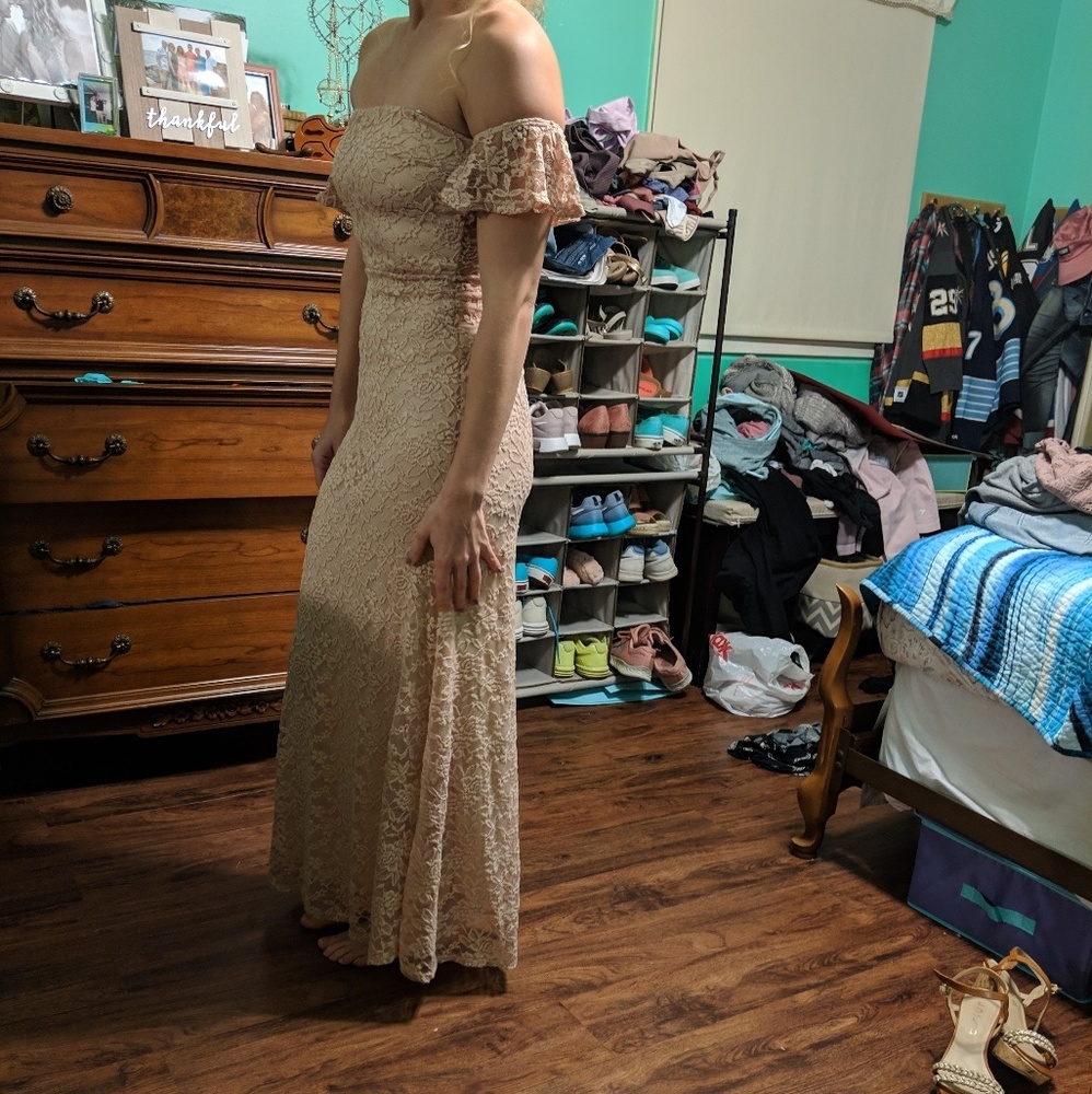 Blush pink off the shoulder lace maxi dress